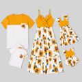 Family Matching Yellow Ruffle V Neck Spaghetti Strap Splicing Sunflowers Print Tiered Dresses and Short-sleeve T-shirts Sets Yellow image 1