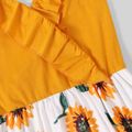 Family Matching Yellow Ruffle V Neck Spaghetti Strap Splicing Sunflowers Print Tiered Dresses and Short-sleeve T-shirts Sets Yellow