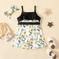 2pcs Baby Girl Black Spaghetti Strap Belted Splicing Floral Print Romper with Headband Set Multi-color image 2