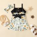 2pcs Baby Girl Black Spaghetti Strap Belted Splicing Floral Print Romper with Headband Set Multi-color image 1