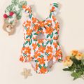 Baby Girl Flutter-sleeve Spaghetti Strap Floral Print Hollow-out One-Piece Swimsuit ColorBlock