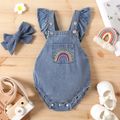 2pcs Baby Girl 95% Cotton Denim Ruffle Rainbow Embroidered Romper with Headband Set Blue