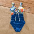 Family Matching All Over Tropical Plant Print Splicing One-Piece Swimsuit and Swim Trunks Shorts Blue