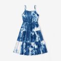 Family Matching Blue Tie Dye Spaghetti Strap Tiered Dresses and Short-sleeve T-shirts Sets Blue