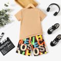 2pcs Kid Boy Colorful Letter Print Short-sleeve Tee and Elasticized Shorts Set Apricot