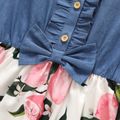 Kid Girl Floral Print Denim Splice Ruffled Button Design Sleeveless Dress DENIMBLUE