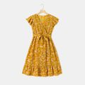 All Over Floral Print Yellow V Neck Ruffle-sleeve Belted Dress for Mom and Me Yellow image 2