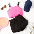 2pcs Kid Girl Letter Print Camisole and Colorblock Shorts Sporty Set Pink image 2