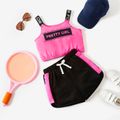 2pcs Kid Girl Letter Print Camisole and Colorblock Shorts Sporty Set Pink image 1