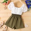 Kid Girl 3D Floral Design Square Neck Smocked Splice Short-sleeve Rompers Army green