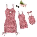 All Over Red Floral Print Spaghetti Strap Drawstring Ruched Bodycon Dress for Mom and Me REDWHITE
