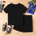 2pcs Kid Boy Animal Wolf Print Colorblock Short-sleeve Tee and Black Shorts Set Black
