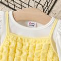 2pcs Baby Girl Ribbed Puff-sleeve Top and Textured Cami Dress Set TenderYellow