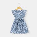 All Over Floral Print V Neck Ruffle-sleeve Belted Dress for Mom and Me Blue