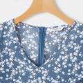 All Over Floral Print V Neck Ruffle-sleeve Belted Dress for Mom and Me Blue