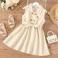 Kid Girl Solid Color Doll Collar Button Design Sleeveless Belted Dress OffWhite image 1