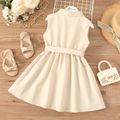 Kid Girl Solid Color Doll Collar Button Design Sleeveless Belted Dress OffWhite