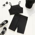 2pcs Kid Girl Ribbed Solid Color Camisole and Shorts Set Black