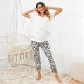Maternity White Short-sleeve Top and Leopard Pants Pajamas Lounge Set White