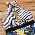 Family Matching Striped and All Over Tropical Plant Print Splicing Halter Neck One-Piece Swimsuit and Swim Trunks Shorts BlackandWhite