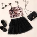 2pcs Kid Girl Leopard Print Bowknot Design Camisole and Polka dots Black Mesh Skirt Set Black