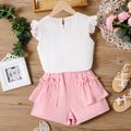 2pcs Kid Girl Floral Design Textured Flutter-sleeve White Tee and Ruffled Shorts Set Pink
