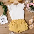 2pcs Kid Girl Floral Design Textured Flutter-sleeve White Tee and Ruffled Shorts Set Yellow image 2