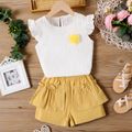 2pcs Kid Girl Floral Design Textured Flutter-sleeve White Tee and Ruffled Shorts Set Yellow image 1