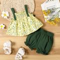 2pcs Baby Girl Floral Print Spaghetti Strap Smocked Top and Solid Bloomers Shorts Set Yellow image 2