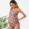 Maternity Floral Leopard Print Drawstring Ruched Side One Shoulder One Piece Swimsuit Multi-color