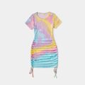 Family Matching Hollow Out Tie Dye Short-sleeve Drawstring Ruched Bodycon Dresses and Colorblock T-shirts Sets ColorBlock image 2