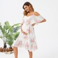 Maternity Floral Print Ruffle Cold Shoulder Dress White