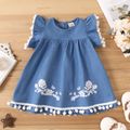 Baby Girl Floral Embroidered Pom Poms Ruffle-sleeve Denim Dress Blue