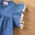 Baby Girl Floral Embroidered Pom Poms Ruffle-sleeve Denim Dress Blue