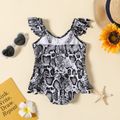 Baby Girl All Over Print Ruffle Spaghetti Strap Hollow Out One-Piece Swimsuit BlackandWhite
