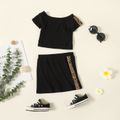 2pcs Toddler Girl Leopard Print Colorblock Off Shoulder Black Ribbed Tee and Skirt Set Black
