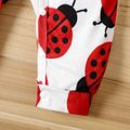 2pcs Baby Girl Red Ribbed Ruffled Short-sleeve Faux-two Allover Ladybugs Print Snap Jumpsuit with Headband Set REDWHITE