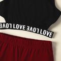 2pcs Kid Girl Letter Print Cut Out Black Tank Top and Red Shorts Set redblack