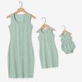 Green Textured Round Neck Sleeveless Bodycon Dress for Mom and Me Light Green