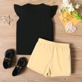 2pcs Kid Girl Letter Print Flutter-sleeve Black Tee and Sequined Shorts Set Black