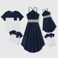 Family Matching Solid Spaghetti Strap Dresses and Striped Colorblock Short-sleeve T-shirts Sets Tibetanblue image 1