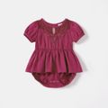 Family Matching Solid Puff-sleeve Lace Design Ruffle Hem Dresses and Raglan-sleeve T-shirts Sets Purple image 4