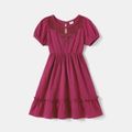 Family Matching Solid Puff-sleeve Lace Design Ruffle Hem Dresses and Raglan-sleeve T-shirts Sets Purple image 2