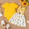 2pcs Baby Girl 100% Cotton Allover Cherry Print Ruffle Trim Suspender Skirt and Solid Short-sleeve Romper Set Color block