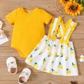 2pcs Baby Girl 100% Cotton Allover Cherry Print Ruffle Trim Suspender Skirt and Solid Short-sleeve Romper Set Color block