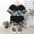 2pcs Toddler Boy Floral Print Colorblock Short-sleeve Tee and Elasticized Shorts Set Black