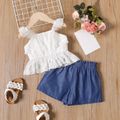 2pcs Toddler Girl Lace Design Ruffled White Camisole and Denim Shorts Set White