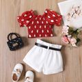 Mini Lady Toddler Girl 2pcs Shirred Polka Dots Short-sleeve Red or Coral Top and Solid White or Black Shorts with Belt Set Red