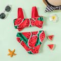 2pcs Baby Girl Allover Watermelon Print Bowknot Design Two-Piece Swimsuit Colorful