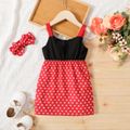 2pcs Toddler Girl Bowknot Design Cut Out Polka dots Splice Cami Dress and Headband Set redblack